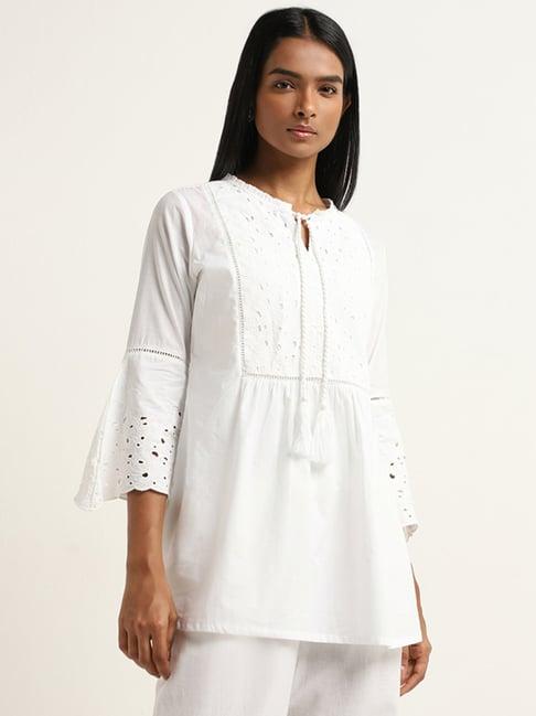 utsa by westside white schiffli design a-line cotton kurti