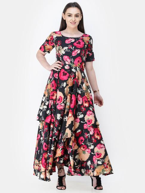 scorpius black & pink floral print maxi dress