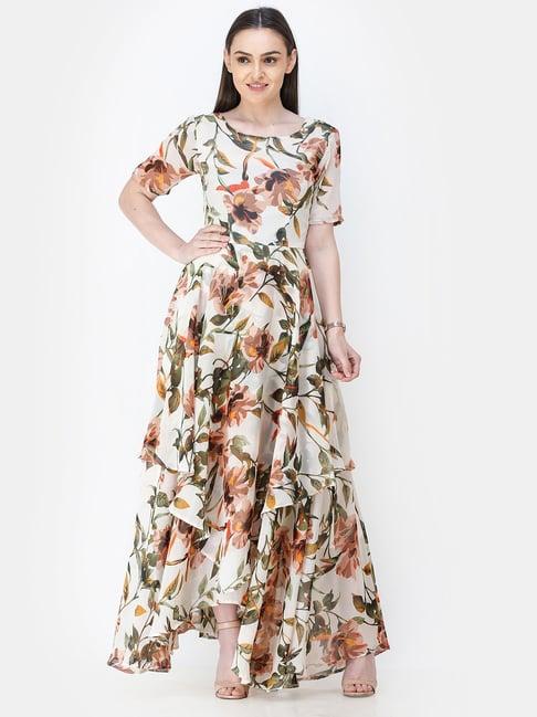 scorpius beige & green floral print maxi dress