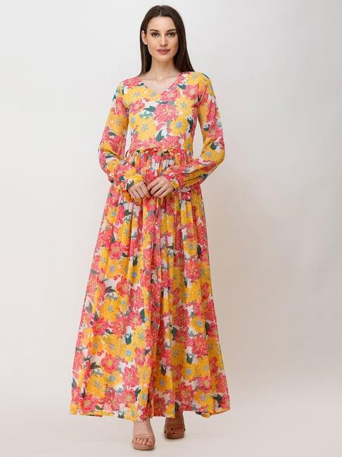 scorpius yellow & pink floral print maxi dress