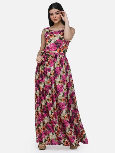 scorpius beige & pink floral print maxi dress