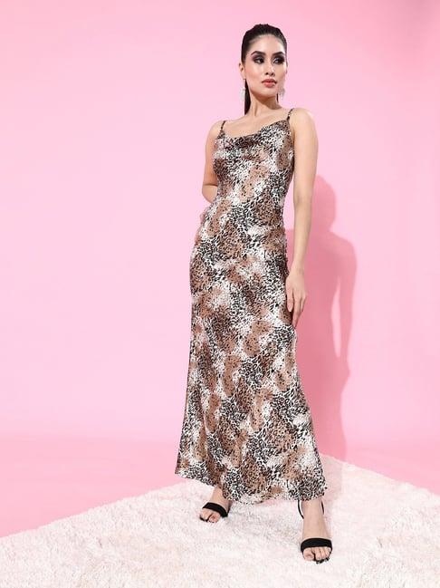 scorpius brown & gold satin animal print maxi dress