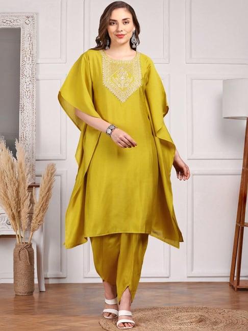 ishin yellow embroidered kurta & dhoti pants set