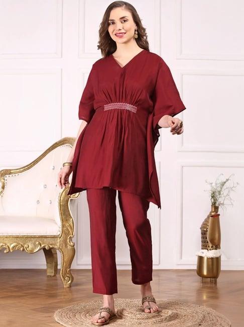 ishin maroon plain kurti & pants set