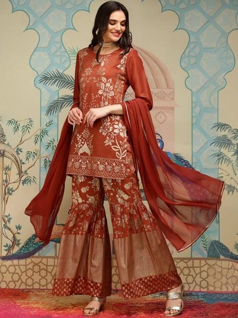 ishin rust printed kurti & sharara with dupatta