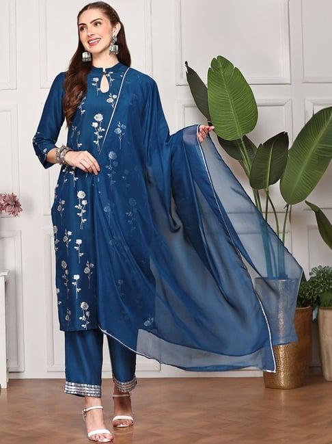 ishin blue printed kurti & sharara with dupatta