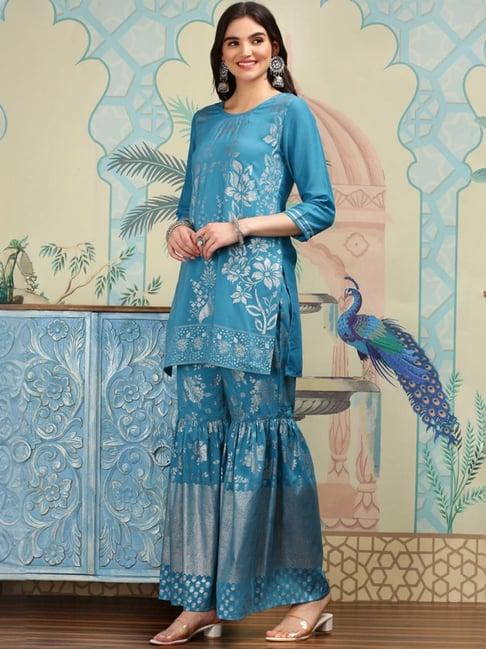 ishin turquoise printed kurti & sharara with dupatta