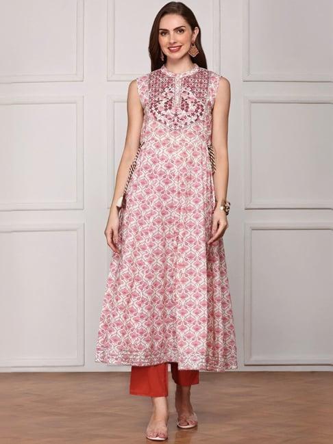 ishin pink & white cotton printed anarkali kurta