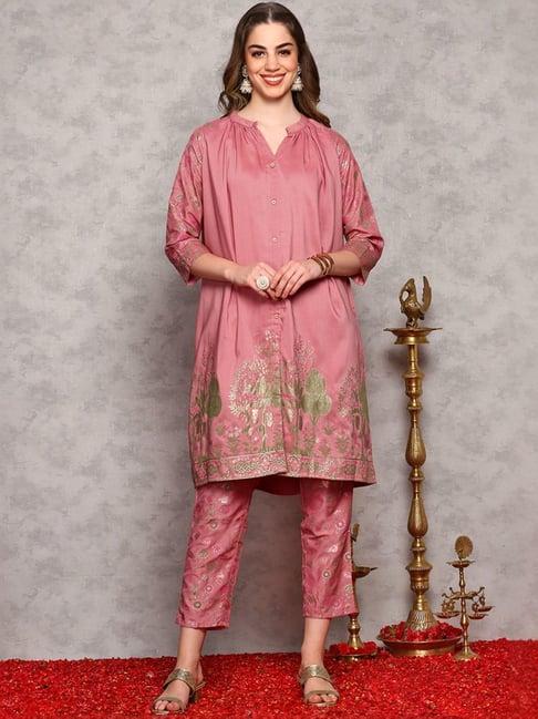 ishin pink printed kurti & pants set