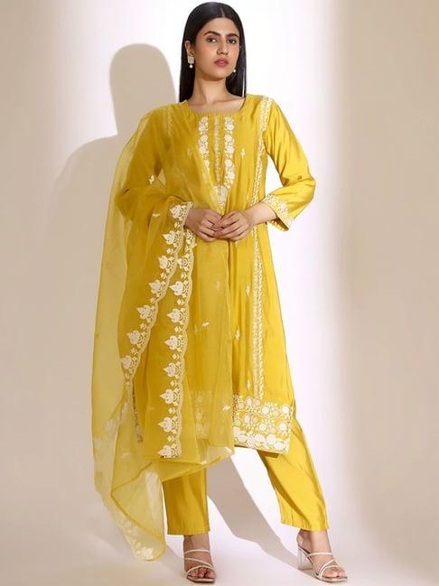 ishin mustard embroidered kurta & pants set with dupatta