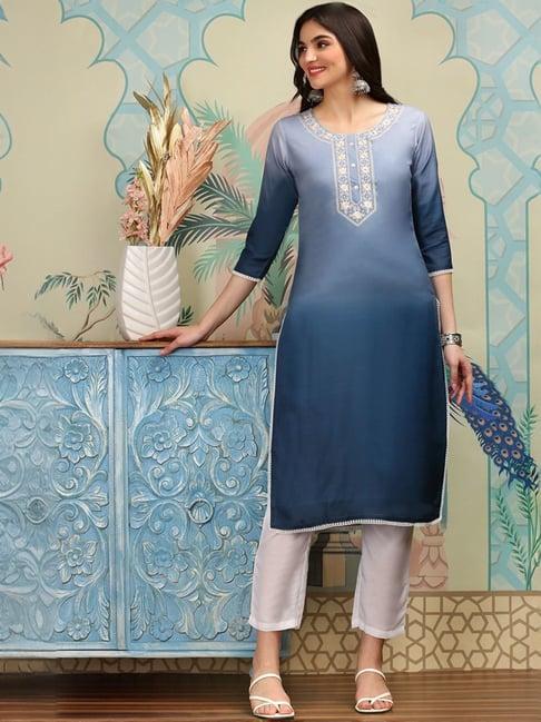 ishin blue & white embroidered kurta & pants set