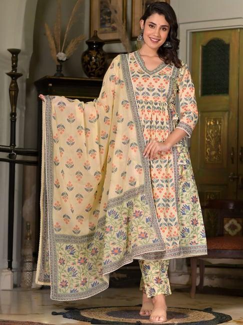 ishin multicolor floral print kurta & pants set with dupatta