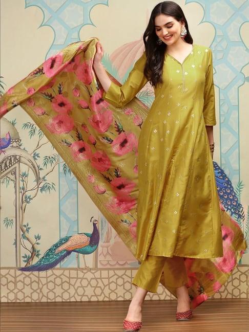 ishin yellow embroidered kurta & pants set with dupatta