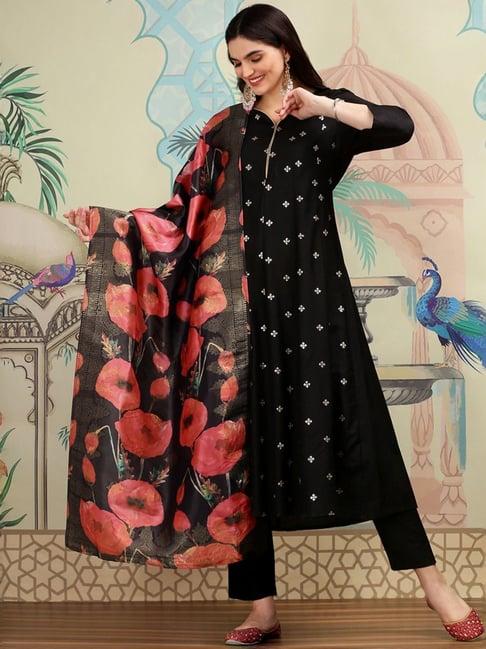 ishin black embroidered kurta & pants set with dupatta