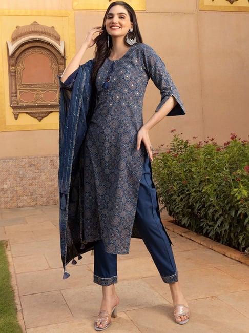 ishin indigo blue printed kurta & pants set with dupatta