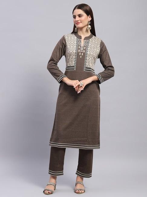 monte carlo brown & cream wool printed kurta with pants