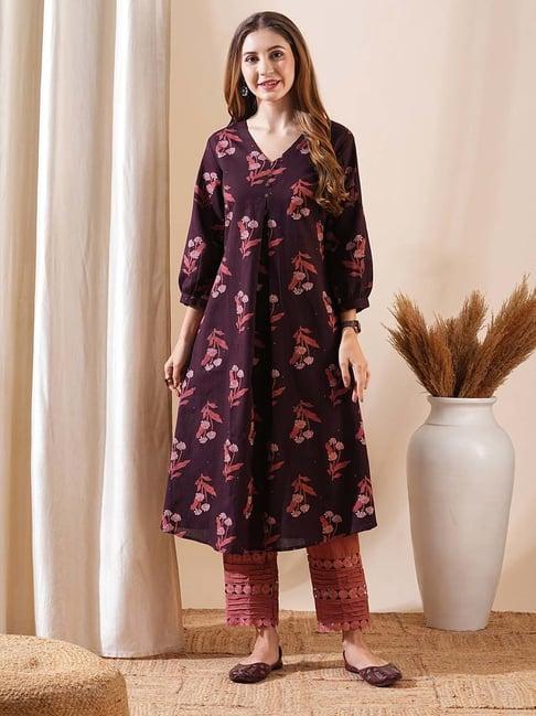 fashor brown printed a-line kurta