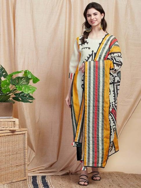 fashor off white printed straight kurta with dupatta