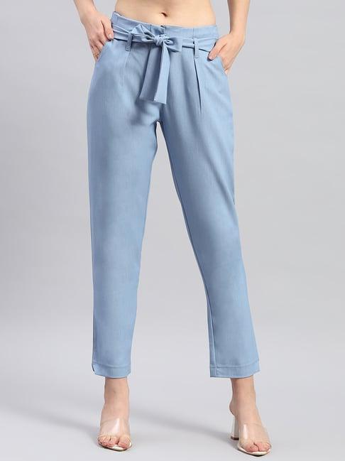 monte carlo light blue printed regular fit low rise trousers