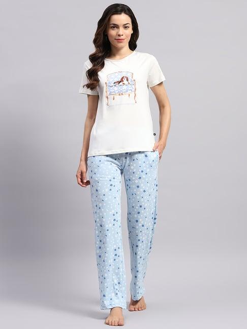 monte carlo white & sky blue graphic print t-shirt with pyjamas