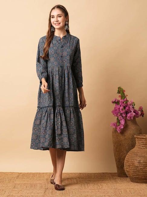 fashor indigo blue printed a-line dress