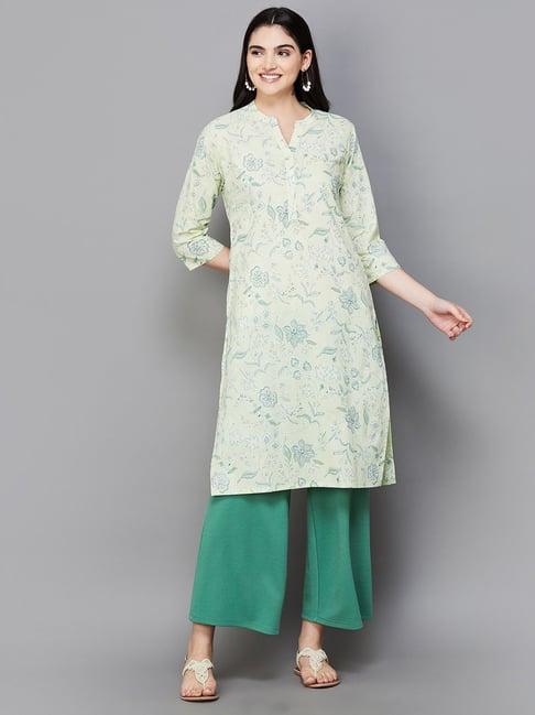 melange by lifestyle sage green cotton floral print kurta