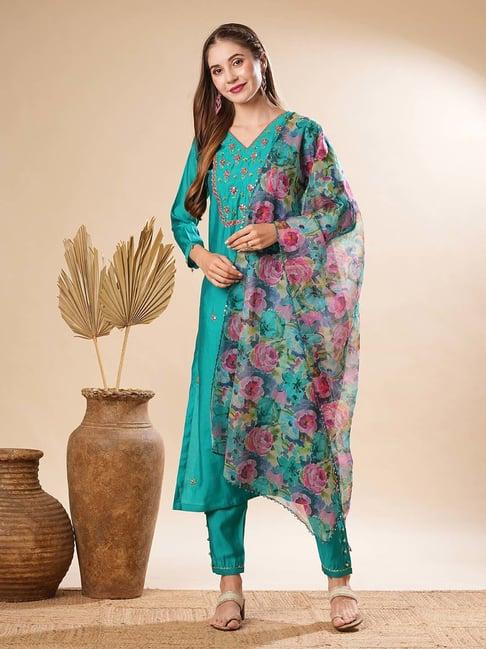 fashor sea green plain kurta & pants set with dupatta