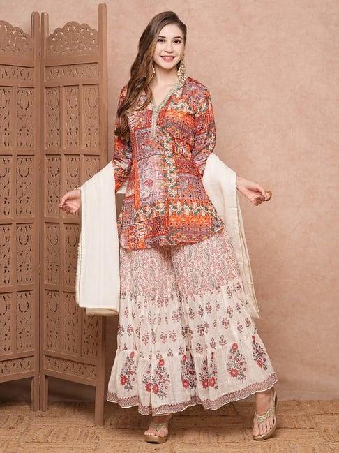 fashor multicolor printed kurti & sharara set with dupatta