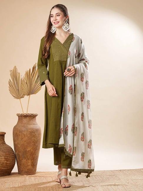 fashor olive green plain kurta & pants set with dupatta