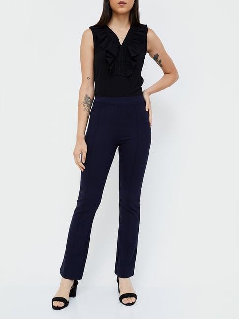 code by lifestyle navy regular fit mid rise trousers