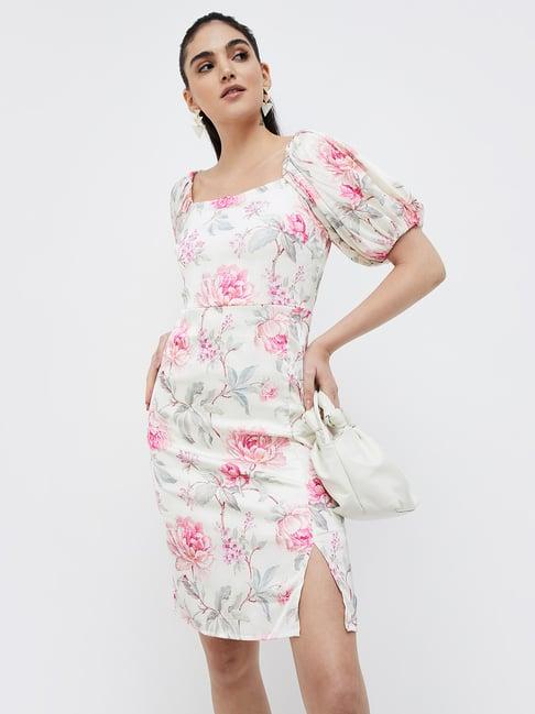 code by lifestyle off white & pink floral print a line dress