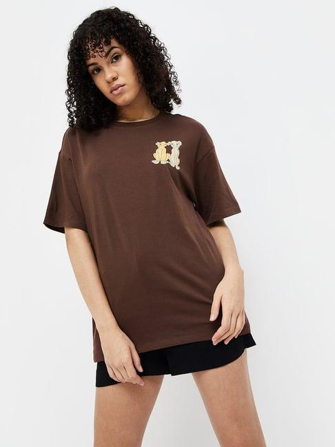 ginger by lifestyle brown cotton printed t-shirt