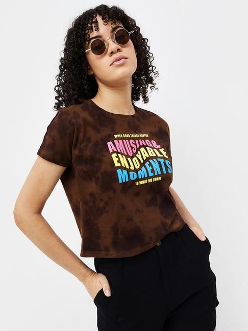 ginger by lifestyle brown cotton graphic print t-shirt