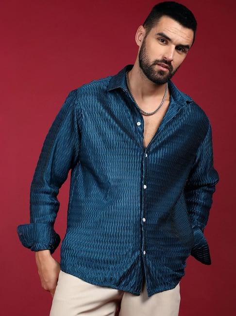 campus sutra blue regular fit texture shirt