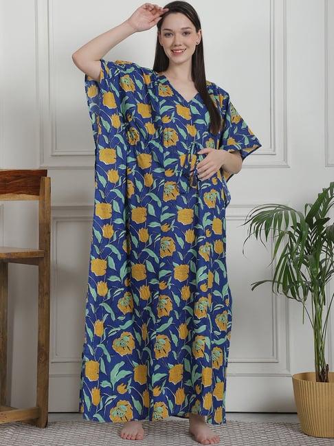 secret wish dark blue floral print maternity kaftan nighty