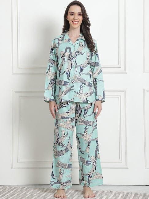 secret wish sea green printed shirt with pyjama