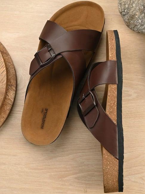 hoversole men's brown cork cross strap sandals