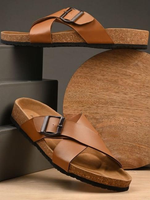 hoversole men's tan cork cross strap sandals