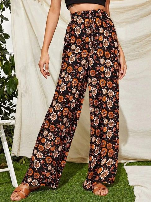 kotty black & orange floral print high rise pants