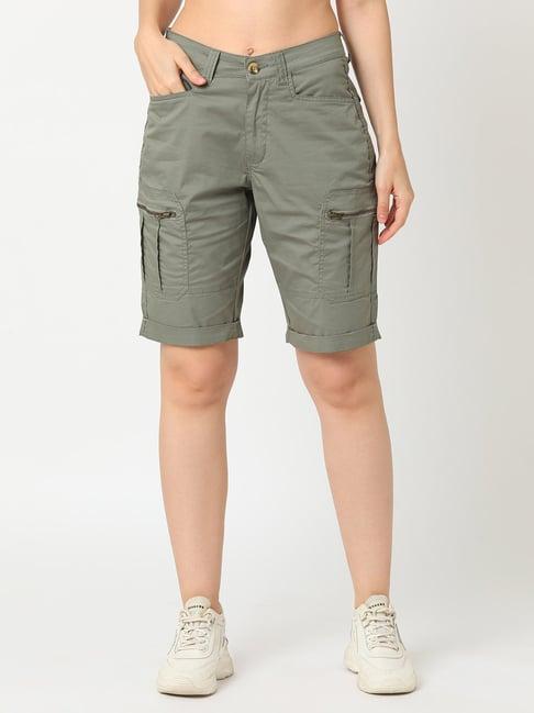 globus sage green cotton slim fit shorts