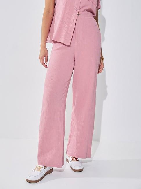 styli pink cotton straight fit mid rise trousers