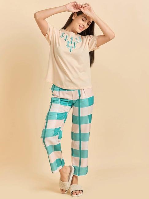 sweet dreams peach & blue cotton chequered t-shirt & pyjama set