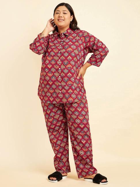 sweet dreams rust cotton printed plus size shirt & pyjama set