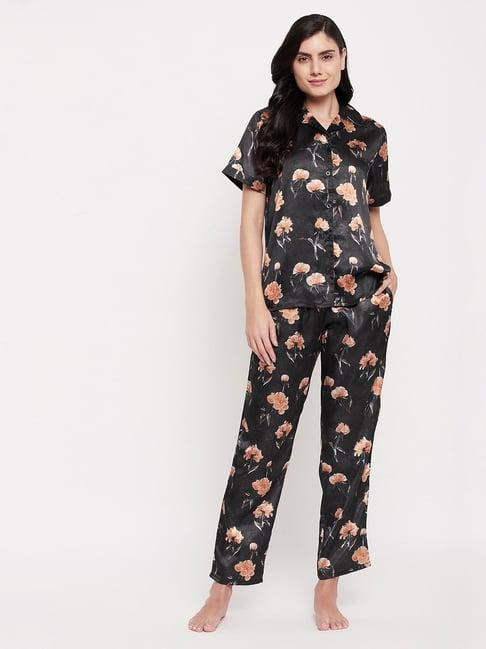 clovia black printed shirt pyjamas set