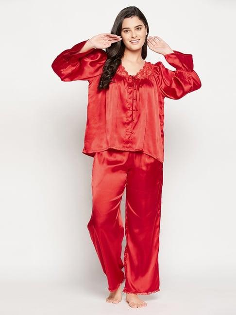 clovia red plain top pyjamas set