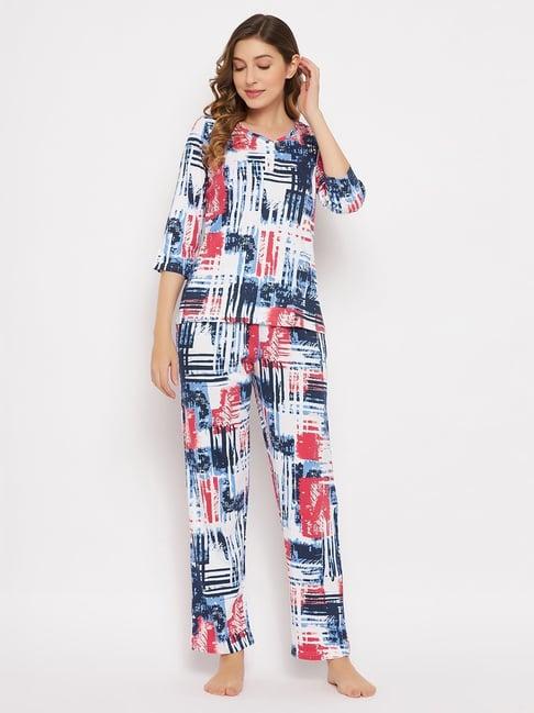 clovia white & blue cotton printed top pyjamas set