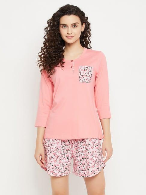 clovia pink cotton printed top shorts set