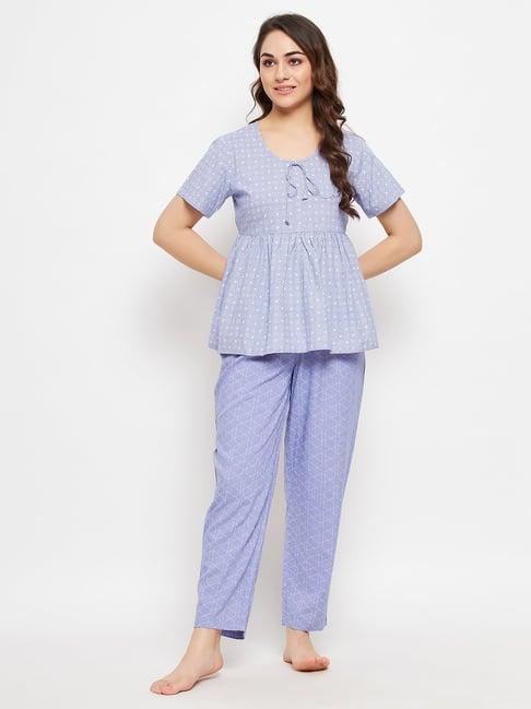 clovia purple cotton graphic print top pyjamas set