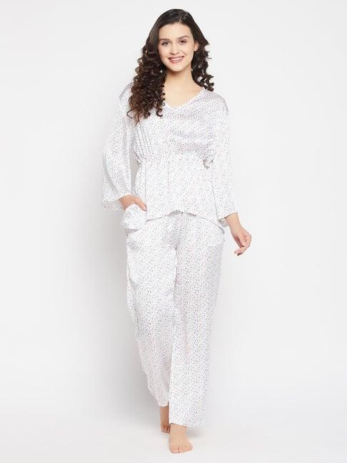 clovia white printed top pyjamas set