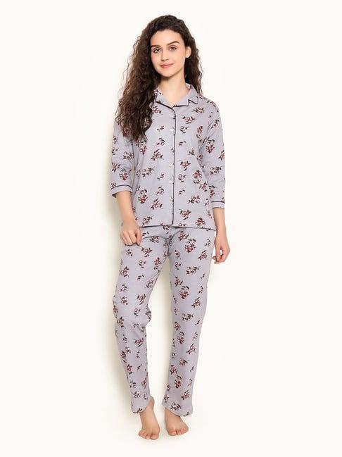 clovia grey cotton printed shirt pyjamas set